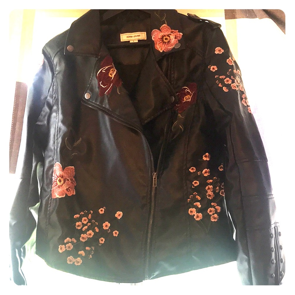 Black leather jacket with pink florals patches